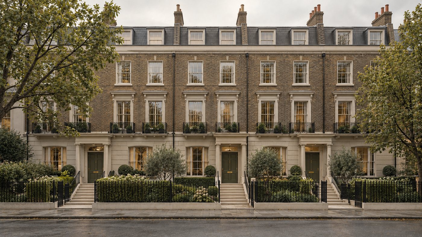 A four-storey brick terrace drawn straight on: a stuccoed ground floor with railed steps up to three recessed porches, sash windows on the floors above, and dormer windows set into the slate roof.
