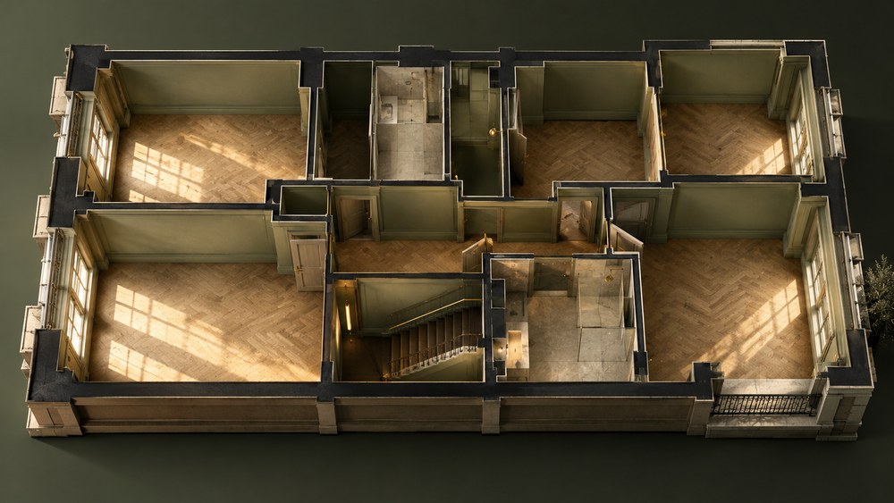 A cutaway drawing of one floorplate seen from above with the walls cut at waist height: bare rooms with herringbone boards, a stair turning in the middle, and no furniture in any room.